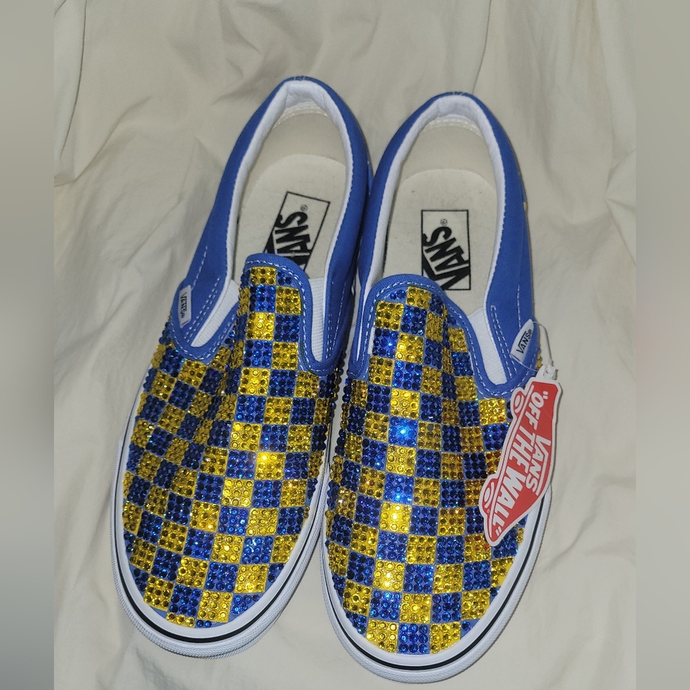 Vans Womens Blue and Yellow Checkered Sneakers With Rhinestones